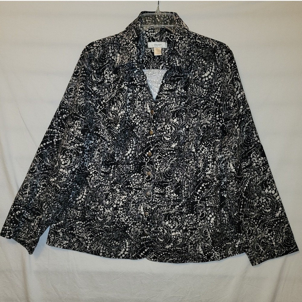 CJ Banks Womens 1X Jacket Black White Grey Abstract Dot Paisley Snap Front